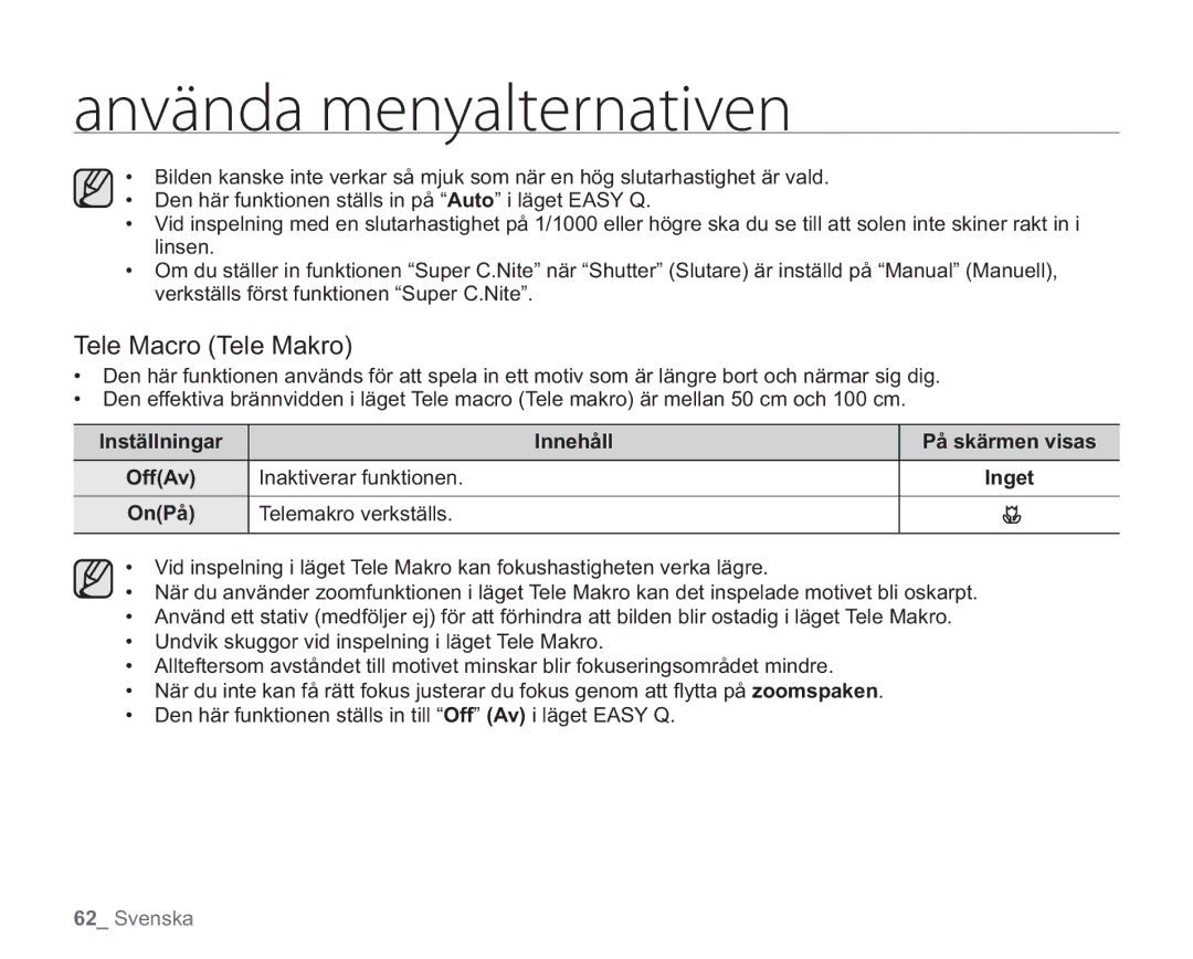 Samsung VP-HMX20C/EDC, VP-HMX20C/XEE manual Tele Macro Tele Makro, Innehåll, Telemakro verkställs 