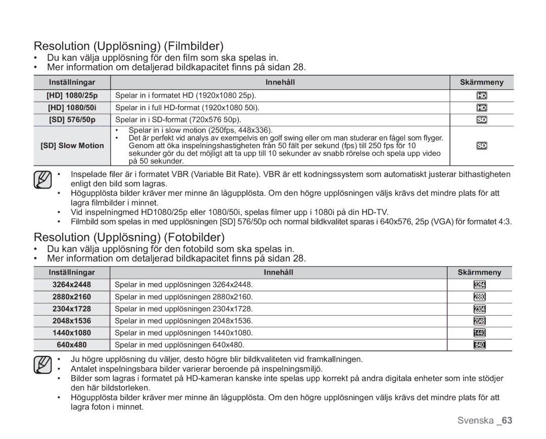 Samsung VP-HMX20C/XEE, VP-HMX20C/EDC manual Resolution Upplösning Filmbilder, Resolution Upplösning Fotobilder 