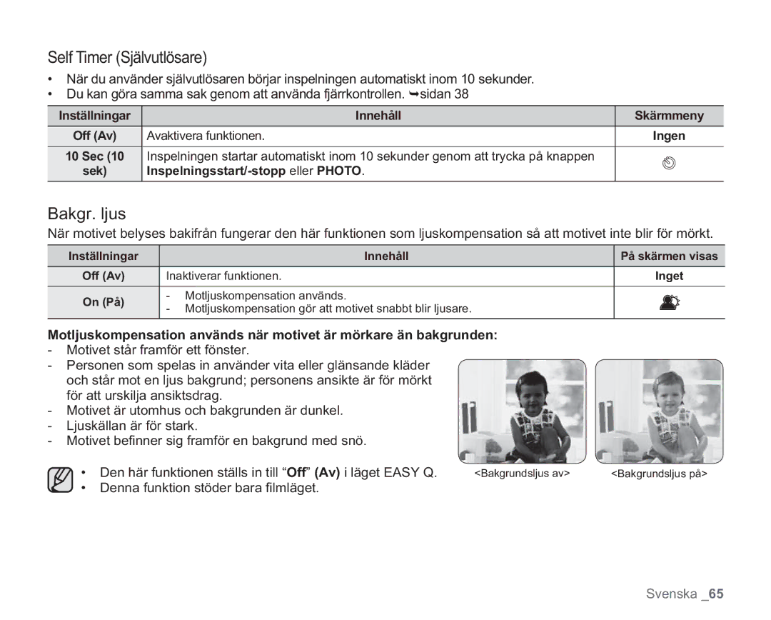 Samsung VP-HMX20C/XEE manual Self Timer Självutlösare, Bakgr. ljus, Inställningar Innehåll Skärmmeny, Avaktivera funktionen 