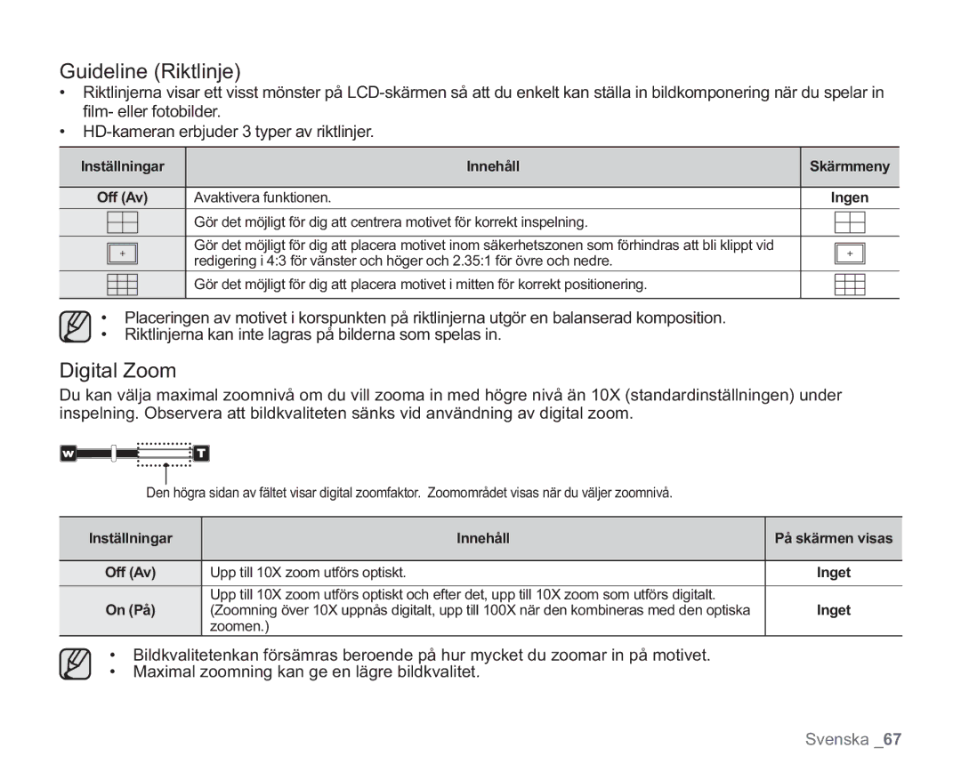 Samsung VP-HMX20C/XEE, VP-HMX20C/EDC manual Guideline Riktlinje, Digital Zoom, Off Av Avaktivera funktionen, Zoomen 