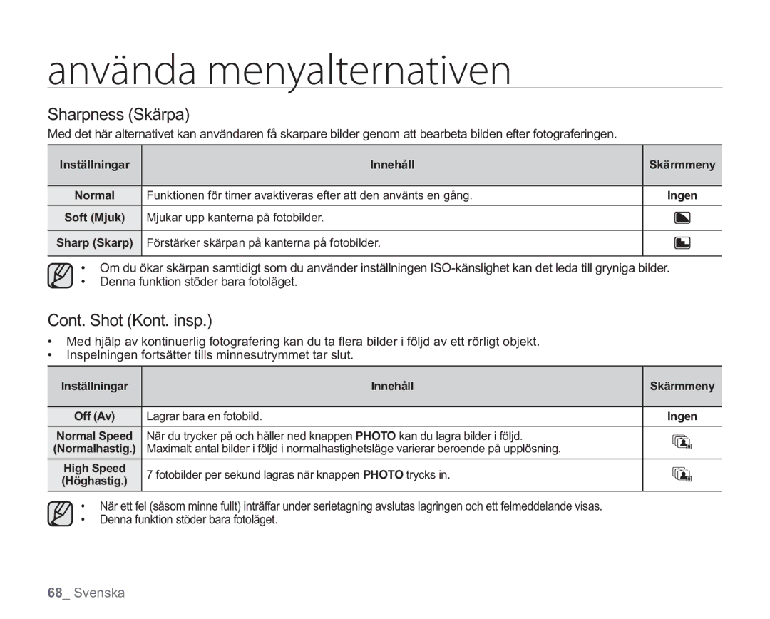 Samsung VP-HMX20C/EDC manual Sharpness Skärpa, Cont. Shot Kont. insp, Fotobilder per sekund lagras när knappen Photo trycks 