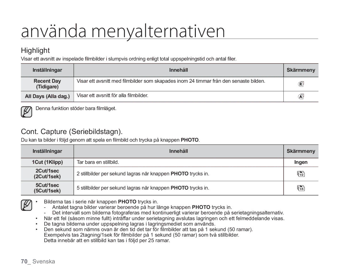 Samsung VP-HMX20C/EDC, VP-HMX20C/XEE manual Highlight, Cont. Capture Seriebildstagn 