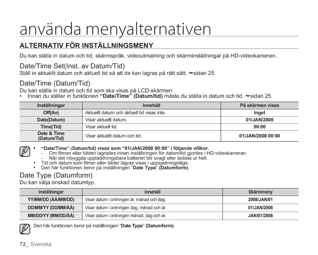 Samsung VP-HMX20C/EDC, VP-HMX20C/XEE Alternativ FÖR Inställningsmeny, Date/Time SetInst. av Datum/Tid, Date/Time Datum/Tid 