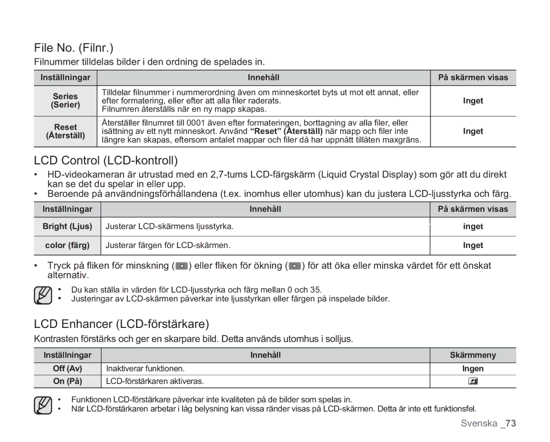 Samsung VP-HMX20C/XEE, VP-HMX20C/EDC manual File No. Filnr, LCD Control LCD-kontroll, LCD Enhancer LCD-förstärkare 