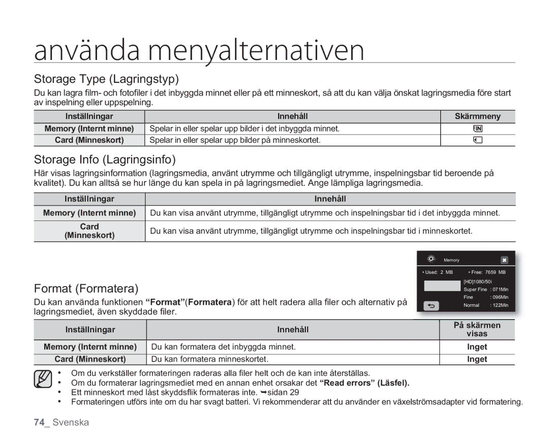 Samsung VP-HMX20C/EDC, VP-HMX20C/XEE manual Storage Type Lagringstyp, Storage Info Lagringsinfo, Format Formatera 