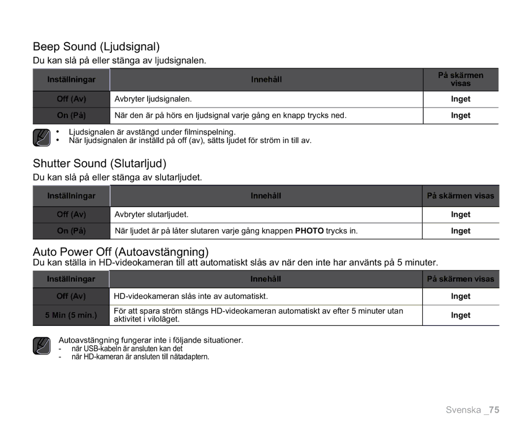 Samsung VP-HMX20C/XEE, VP-HMX20C/EDC manual Beep Sound Ljudsignal, Shutter Sound Slutarljud, Auto Power Off Autoavstängning 