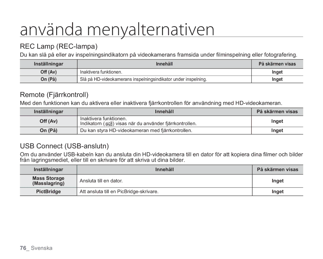 Samsung VP-HMX20C/EDC, VP-HMX20C/XEE manual REC Lamp REC-lampa, Remote Fjärrkontroll, USB Connect USB-anslutn 