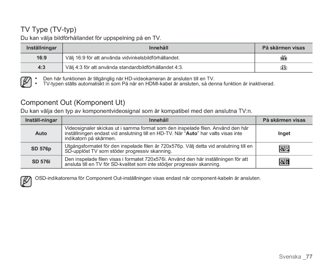 Samsung VP-HMX20C/XEE TV Type TV-typ, Component Out Komponent Ut, Inställ-ningar Innehåll På skärmen visas Auto, SD 576p 