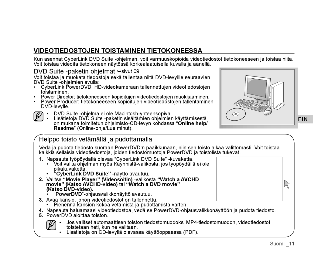 Samsung VP-HMX20C/XEE, VP-HMX20C/EDC manual Videotiedostojen Toistaminen Tietokoneessa, DVD Suite -paketin ohjelmat sivut 