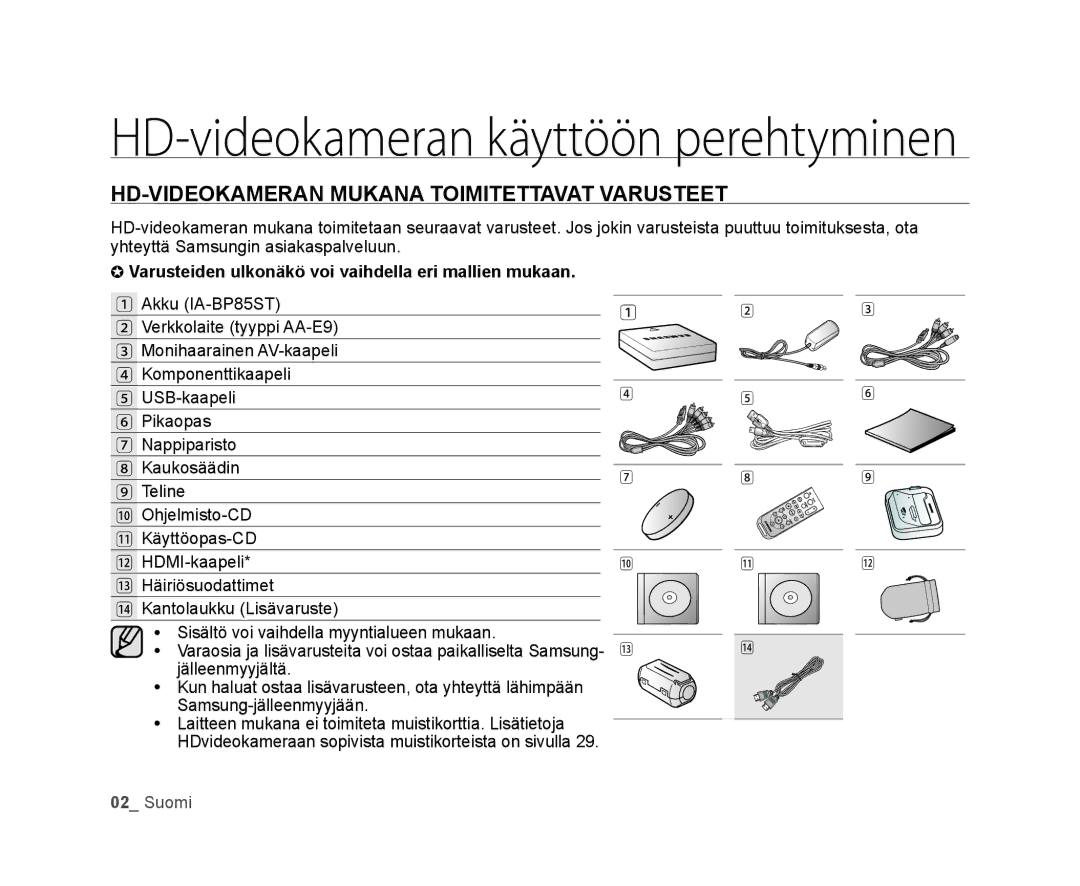 Samsung VP-HMX20C/EDC, VP-HMX20C/XEE manual HD-VIDEOKAMERAN Mukana Toimitettavat Varusteet 