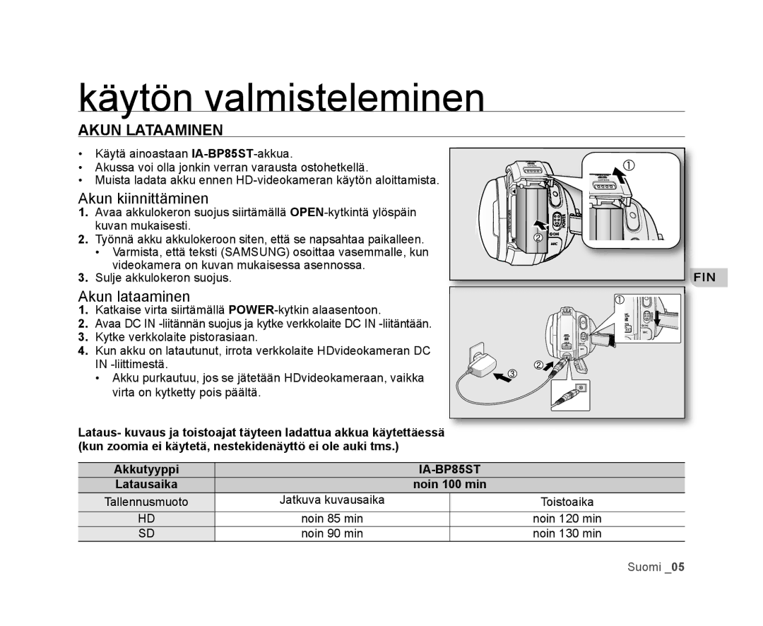 Samsung VP-HMX20C/XEE, VP-HMX20C/EDC manual Käytön valmisteleminen, Akun Lataaminen 