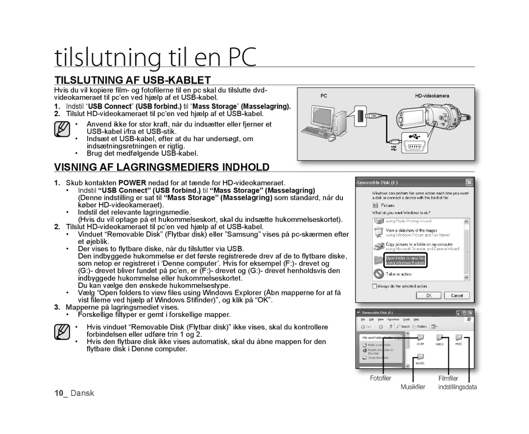 Samsung VP-HMX20C/EDC, VP-HMX20C/XEE manual Tilslutning AF USB-KABLET, Visning AF Lagringsmediers Indhold 