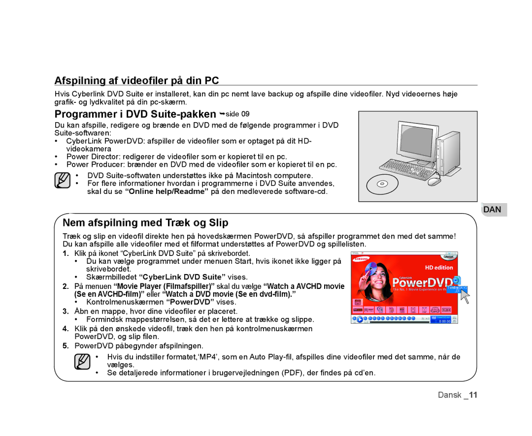 Samsung VP-HMX20C/XEE, VP-HMX20C/EDC manual Afspilning af videoﬁler på din PC, Skærmbilledet CyberLink DVD Suite vises 