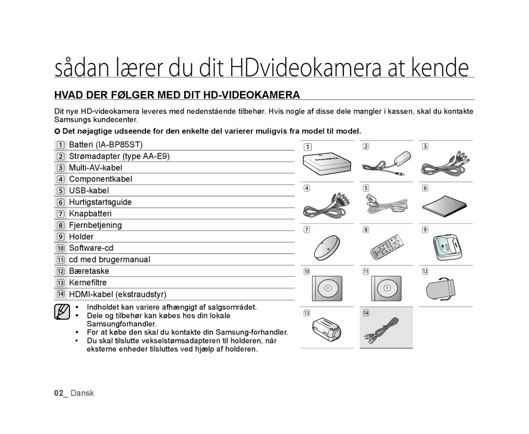 Samsung VP-HMX20C/EDC, VP-HMX20C/XEE Sådan lærer du dit HDvideokamera at kende, Hvad DER Følger MED DIT HD-VIDEOKAMERA 