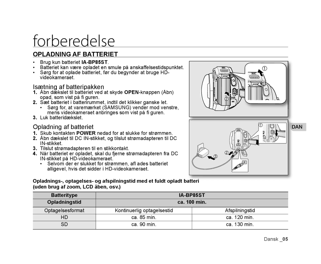 Samsung VP-HMX20C/XEE, VP-HMX20C/EDC manual Forberedelse, Opladning AF Batteriet, Batteritype, Opladningstid Ca min 