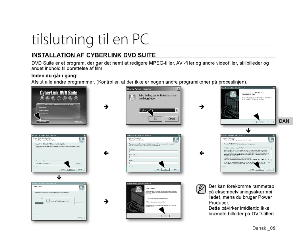 Samsung VP-HMX20C/XEE, VP-HMX20C/EDC manual Tilslutning til en PC, Installation AF Cyberlink DVD Suite 