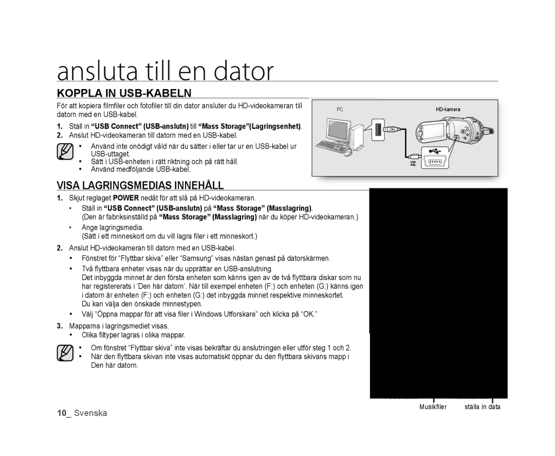 Samsung VP-HMX20C/EDC, VP-HMX20C/XEE manual Koppla in USB-KABELN, Visa Lagringsmedias Innehåll 