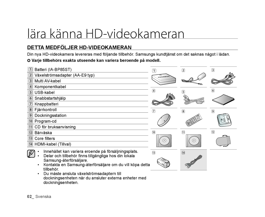 Samsung VP-HMX20C/EDC, VP-HMX20C/XEE manual Lära känna HD-videokameran, Detta Medföljer HD-VIDEOKAMERAN 