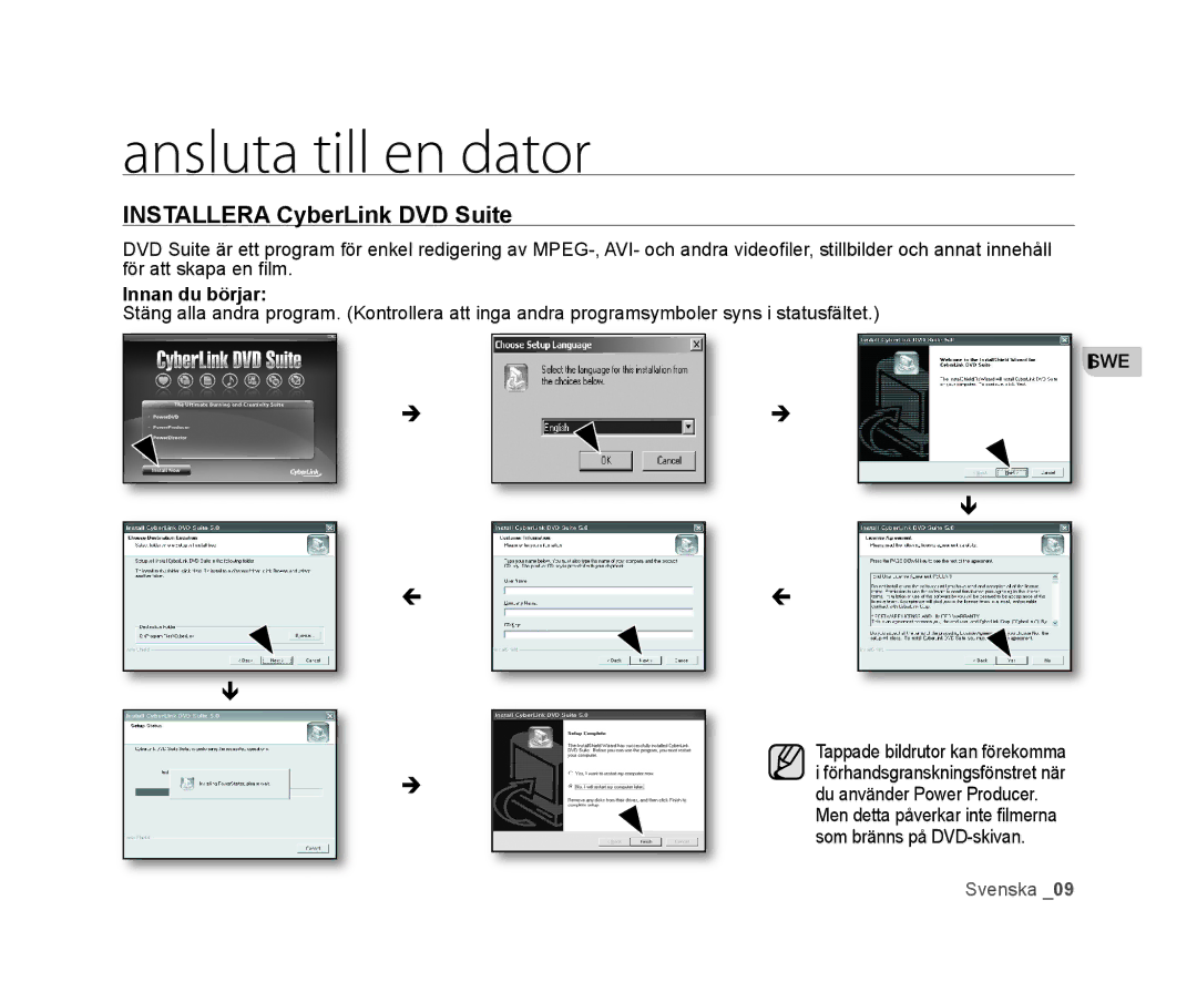 Samsung VP-HMX20C/XEE, VP-HMX20C/EDC manual Ansluta till en dator, Installera CyberLink DVD Suite 