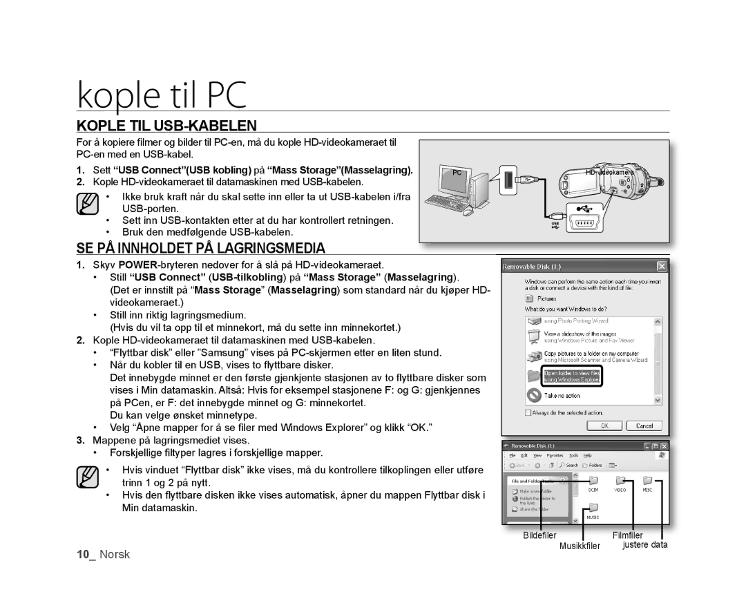 Samsung VP-HMX20C/EDC, VP-HMX20C/XEE manual Kople TIL USB-KABELEN, SE PÅ Innholdet PÅ Lagringsmedia 