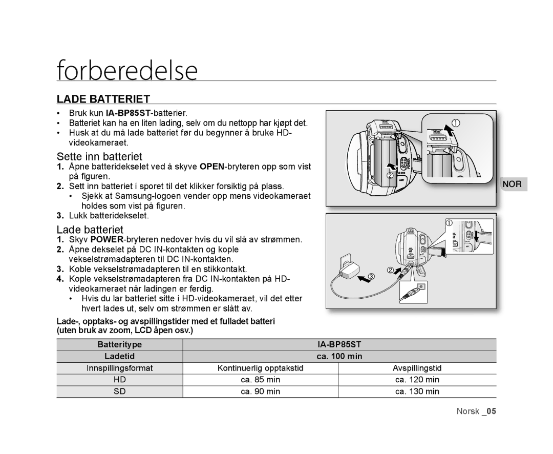 Samsung VP-HMX20C/XEE, VP-HMX20C/EDC manual Forberedelse, Lade Batteriet 