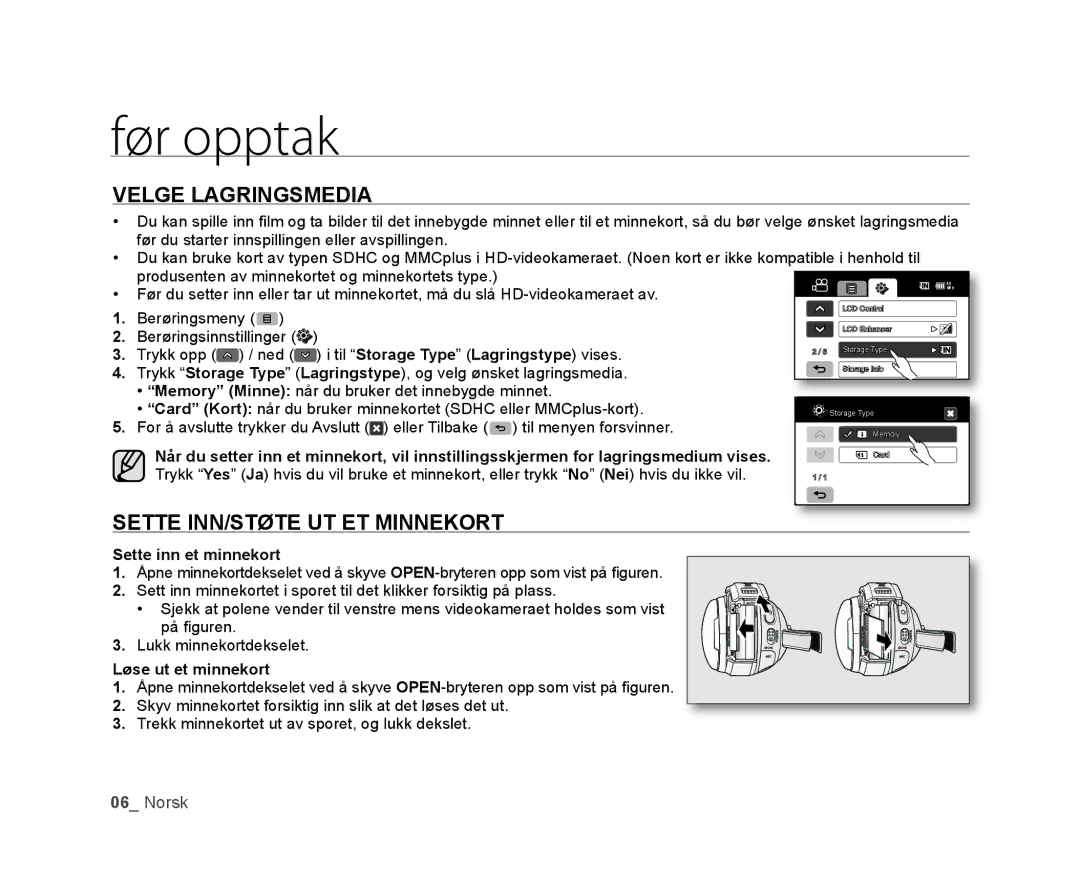 Samsung VP-HMX20C/EDC, VP-HMX20C/XEE manual Før opptak, Velge Lagringsmedia, Sette INN/STØTE UT ET Minnekort 