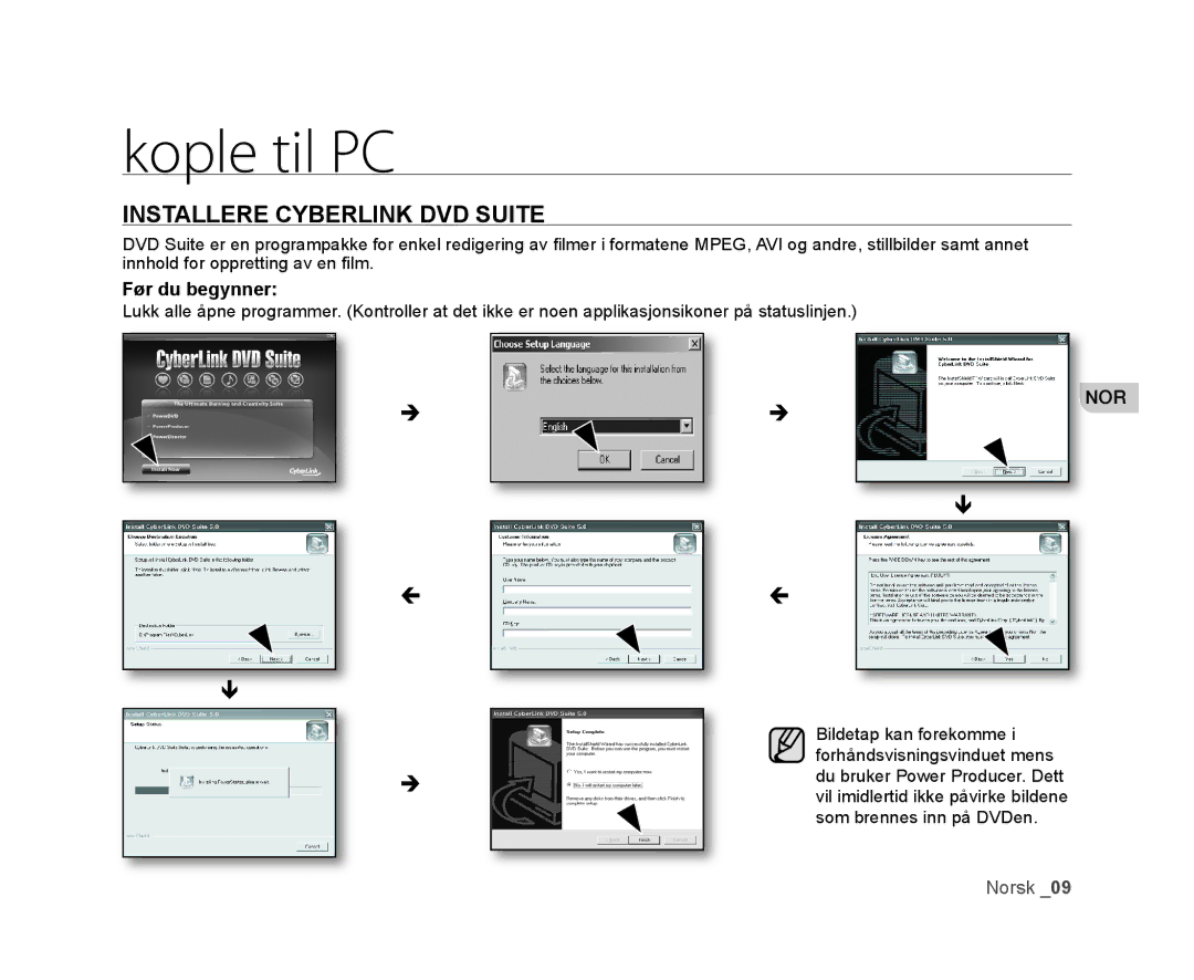 Samsung VP-HMX20C/XEE, VP-HMX20C/EDC manual Kople til PC, Installere Cyberlink DVD Suite 