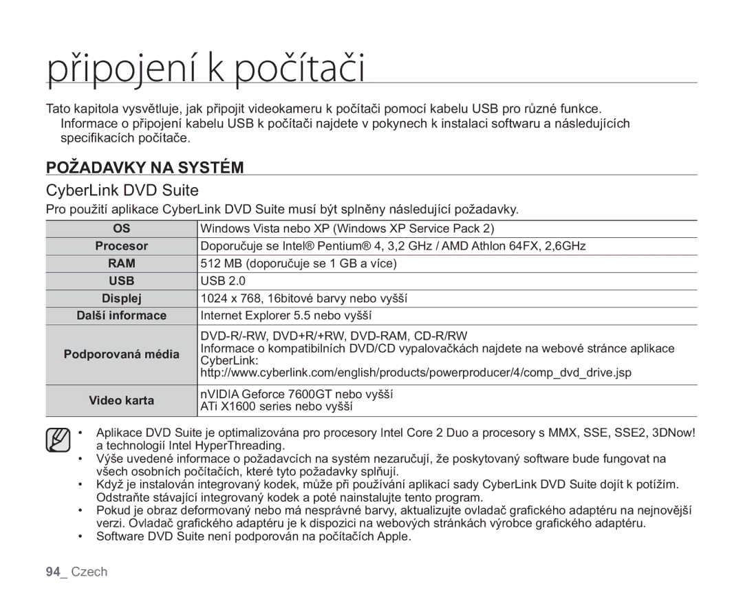 Samsung VP-HMX20C/EDC, VP-HMX20C/XEU manual Požadavky NA Systém, CyberLink DVD Suite 