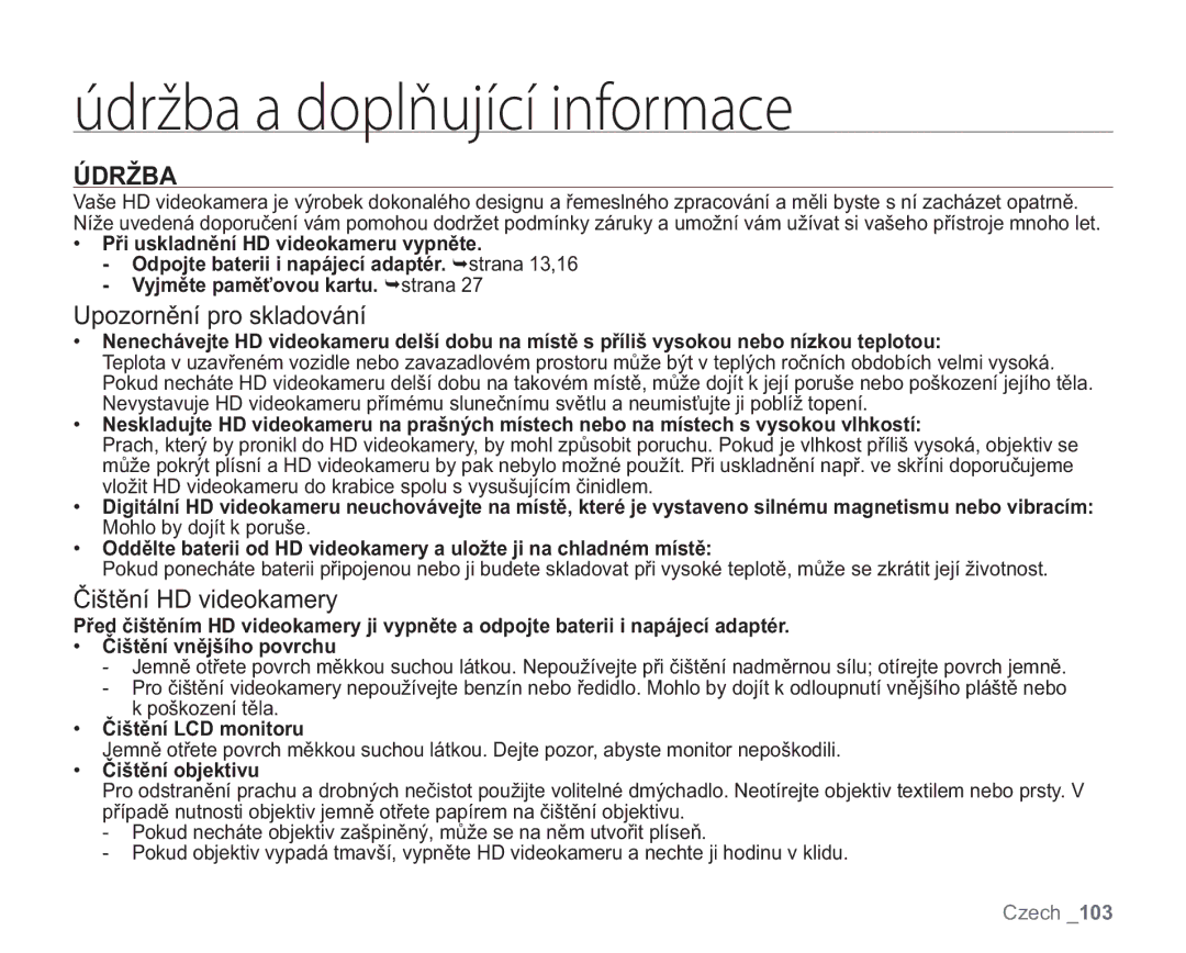 Samsung VP-HMX20C/XEU Údržba, Upozornění pro skladování, Čištění HD videokamery, Čištění LCD monitoru, Čištění objektivu 