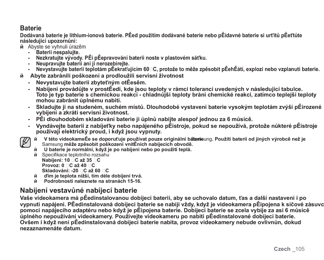 Samsung VP-HMX20C/XEU, VP-HMX20C/EDC manual Baterie, Nabíjení vestavěné nabíjecí baterie, Abyste se vyhnuli úrazům 