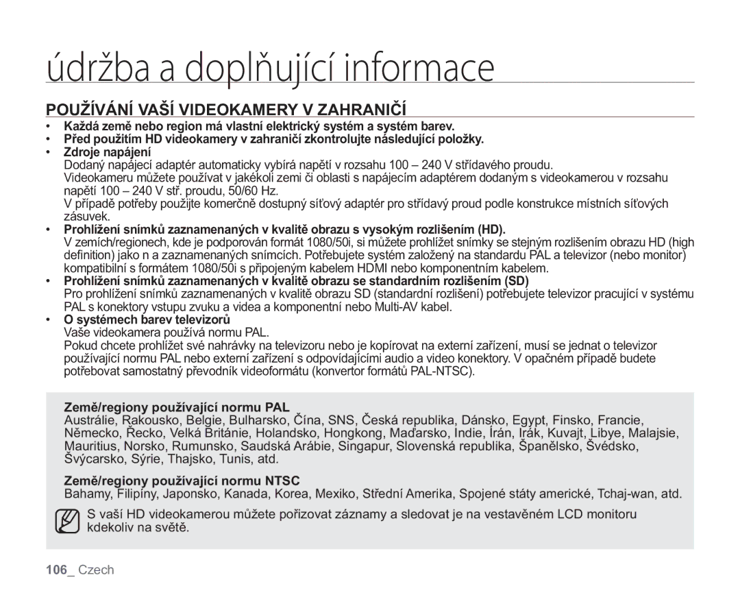 Samsung VP-HMX20C/EDC, VP-HMX20C/XEU manual Používání Vaší Videokamery V Zahraničí, Systémech barev televizorů 