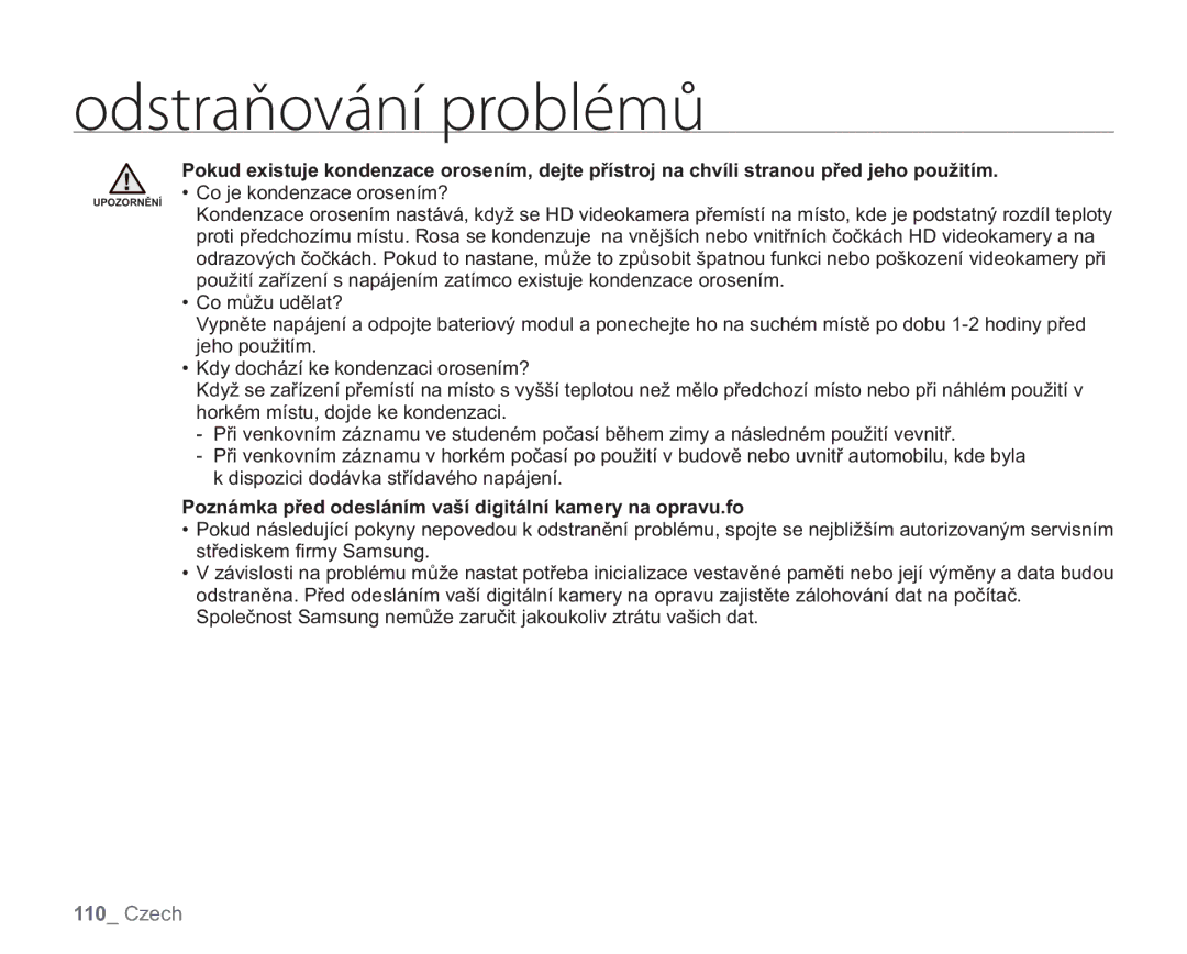 Samsung VP-HMX20C/EDC, VP-HMX20C/XEU manual Poznámka před odesláním vaší digitální kamery na opravu.fo 