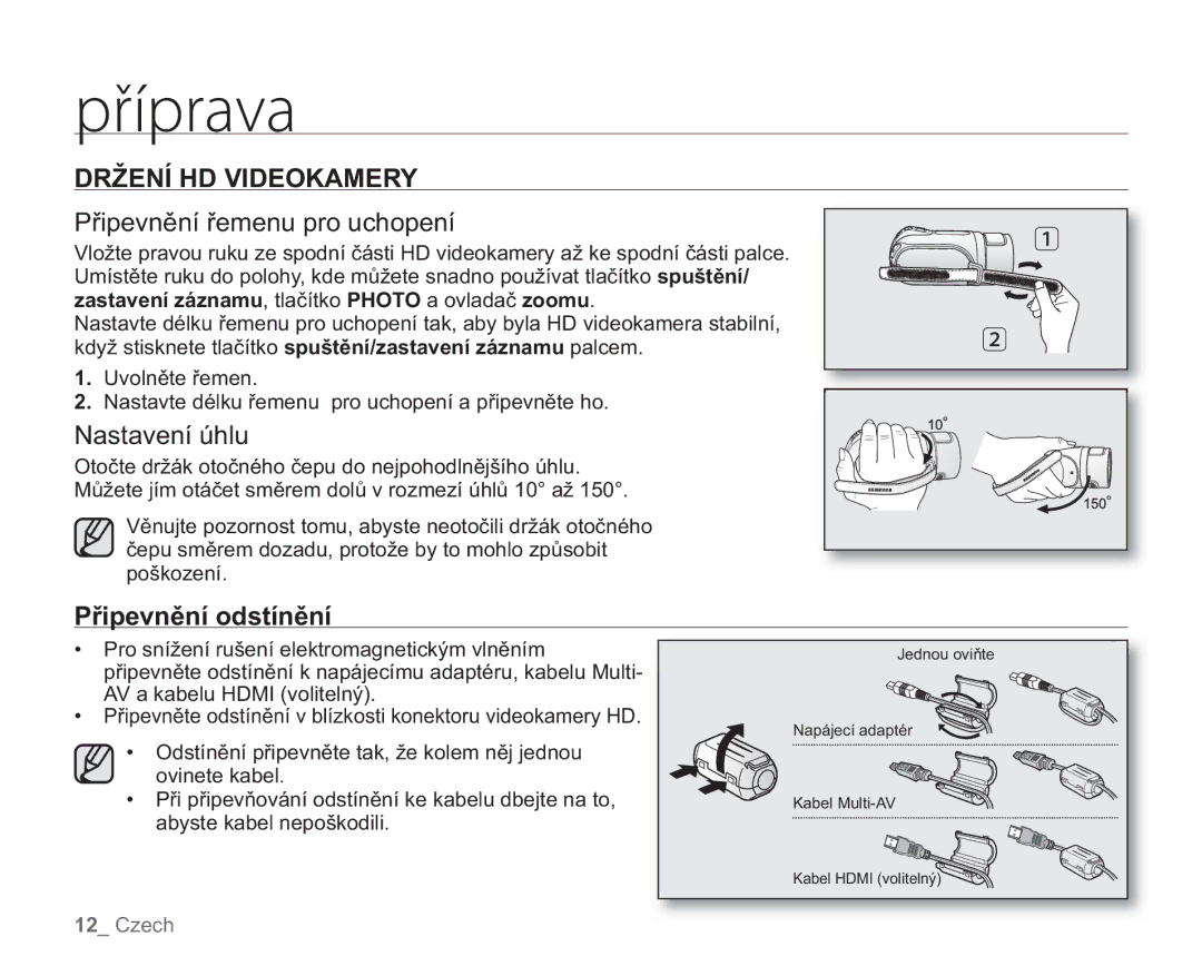 Samsung VP-HMX20C/EDC, VP-HMX20C/XEU manual Držení HD Videokamery, Připevnění řemenu pro uchopení, Nastavení úhlu 