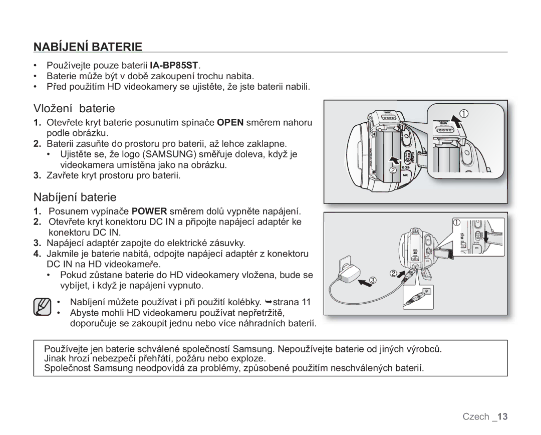 Samsung VP-HMX20C/XEU, VP-HMX20C/EDC manual Nabíjení Baterie, Vložení baterie, Nabíjení baterie 