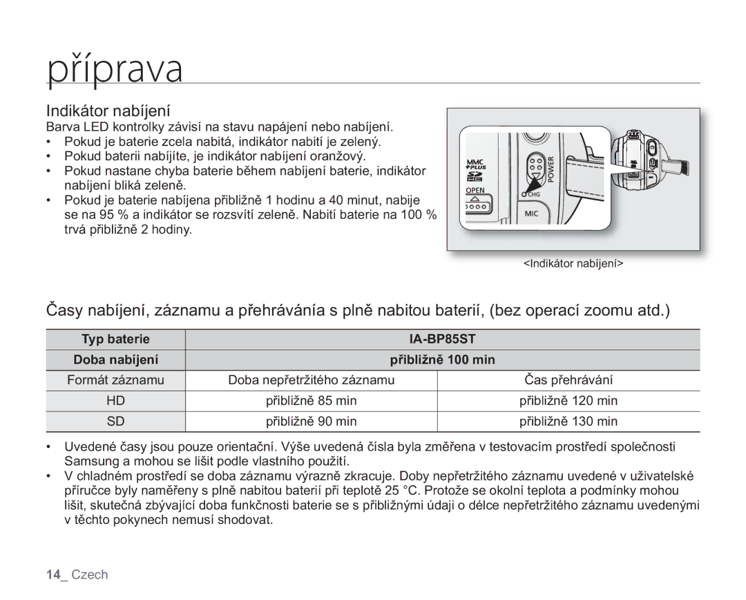 Samsung VP-HMX20C/EDC, VP-HMX20C/XEU manual Indikátor nabíjení, Typ baterie, Formát záznamu 