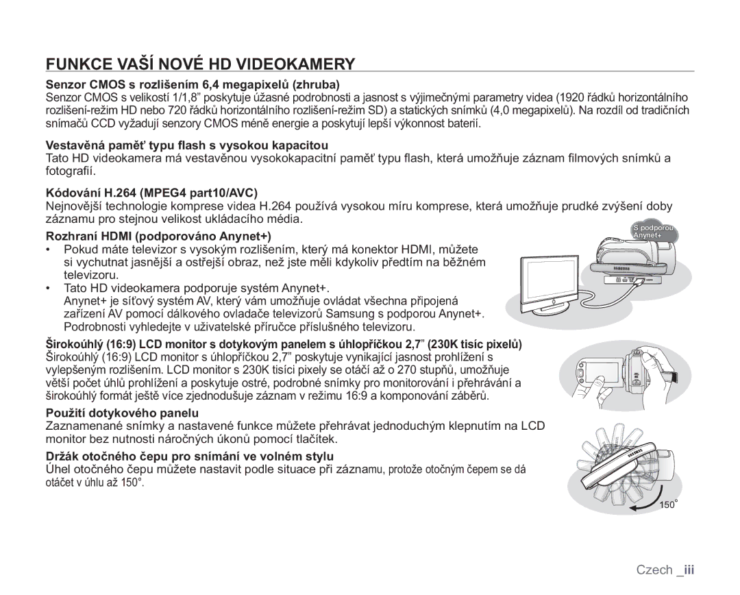 Samsung VP-HMX20C/XEU, VP-HMX20C/EDC manual Funkce Vaší Nové HD Videokamery, Senzor Cmos s rozlišením 6,4 megapixelů zhruba 