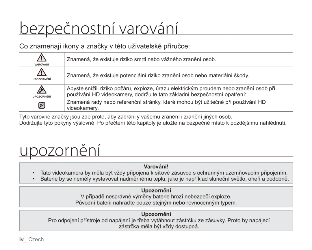 Samsung VP-HMX20C/EDC, VP-HMX20C/XEU manual Co znamenají ikony a značky v této uživatelské příručce, Varování, Upozornění 