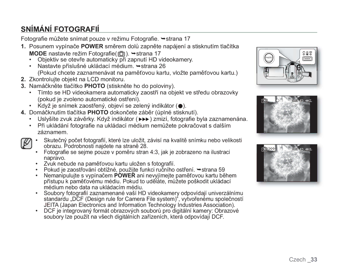 Samsung VP-HMX20C/XEU, VP-HMX20C/EDC manual Snímání Fotografií 