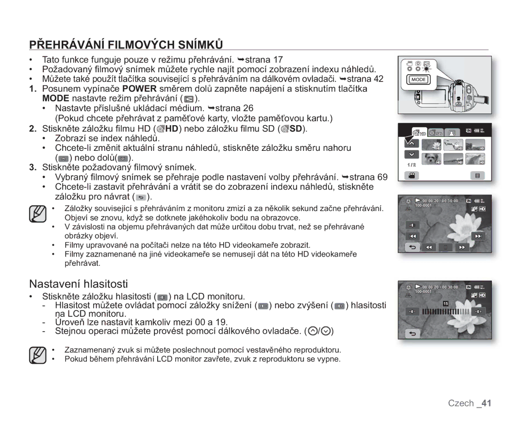 Samsung VP-HMX20C/XEU, VP-HMX20C/EDC manual Přehrávání Filmových Snímků, Nastavení hlasitosti 