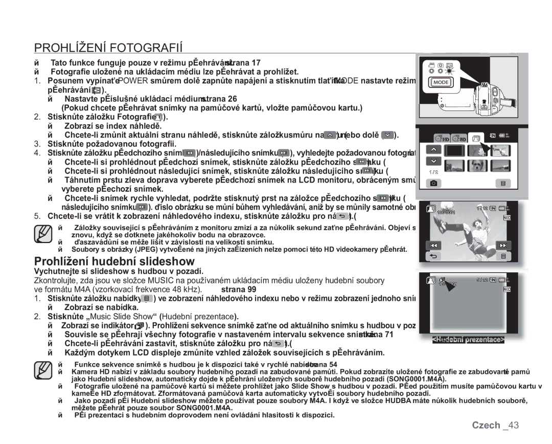 Samsung VP-HMX20C/XEU Prohlížení Fotografií, Prohlížení hudební slideshow, Stiskněte „Music Slide Show Hudební prezentace 