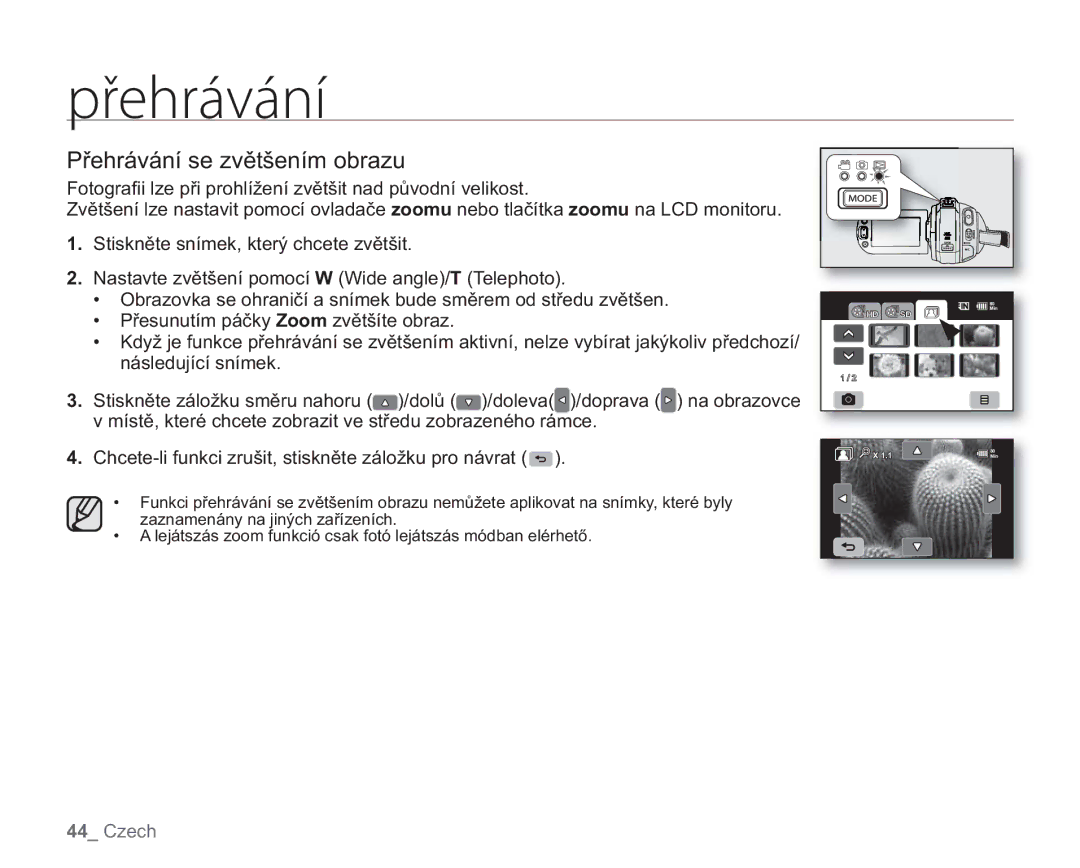 Samsung VP-HMX20C/EDC, VP-HMX20C/XEU manual Přehrávání se zvětšením obrazu 