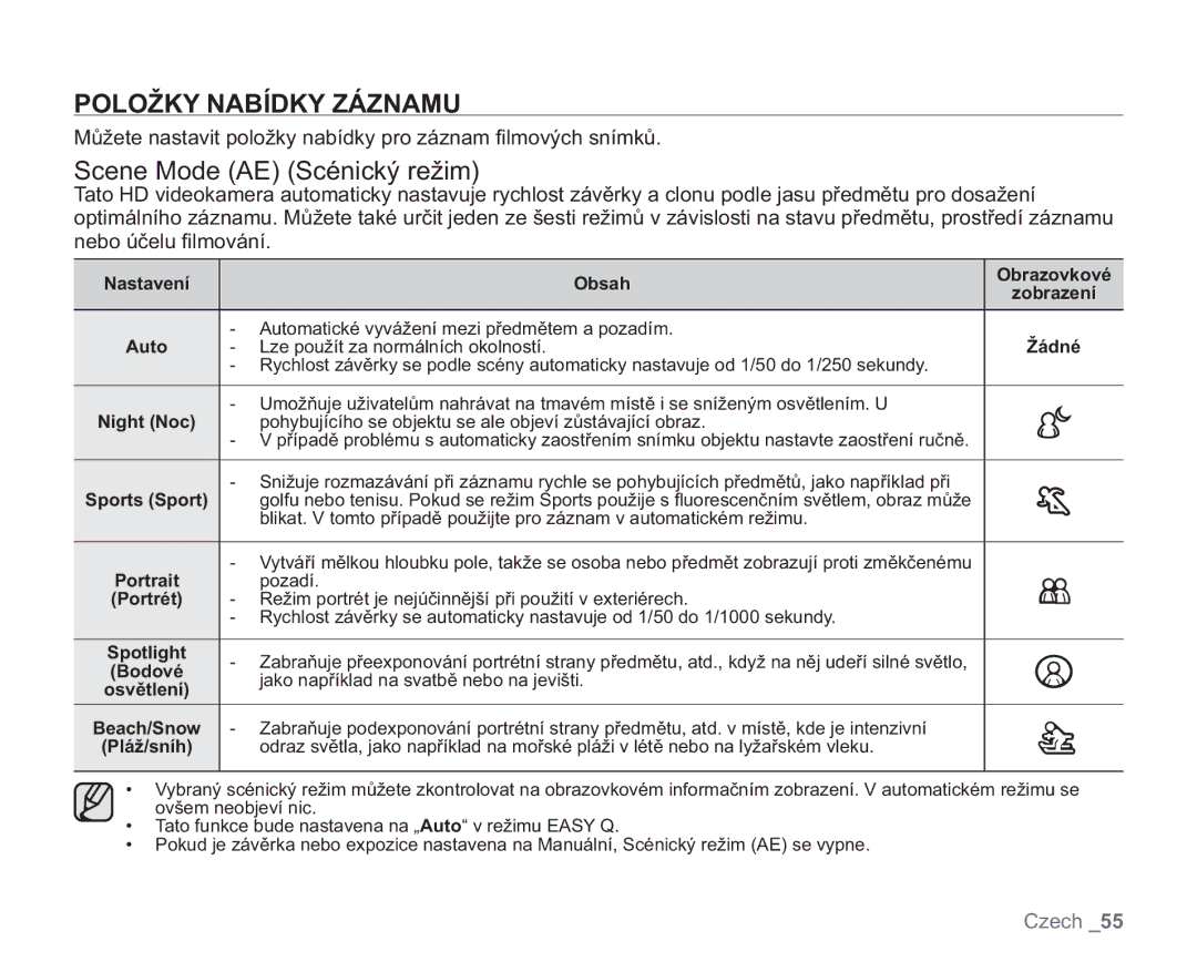 Samsung VP-HMX20C/XEU, VP-HMX20C/EDC manual Položky Nabídky Záznamu, Scene Mode AE Scénický režim 