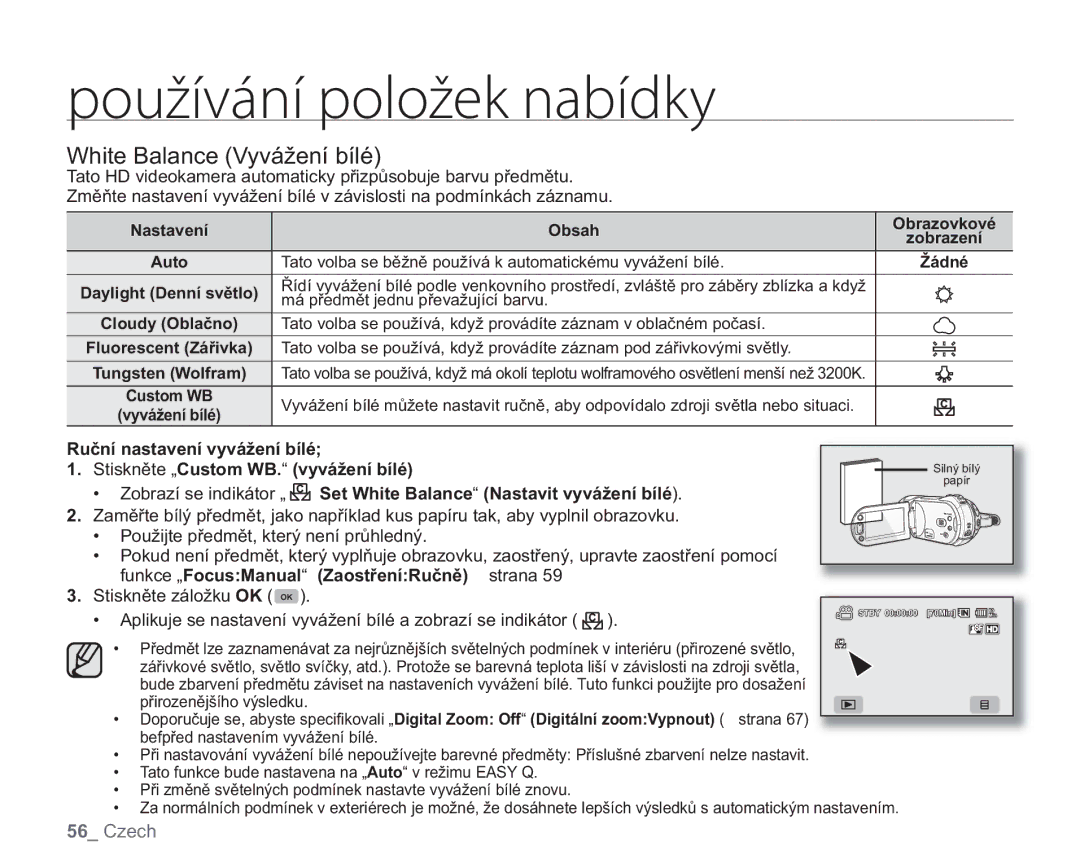 Samsung VP-HMX20C/EDC manual White Balance Vyvážení bílé, Nastavení Obsah Obrazovkové, Má předmět jednu převažující barvu 