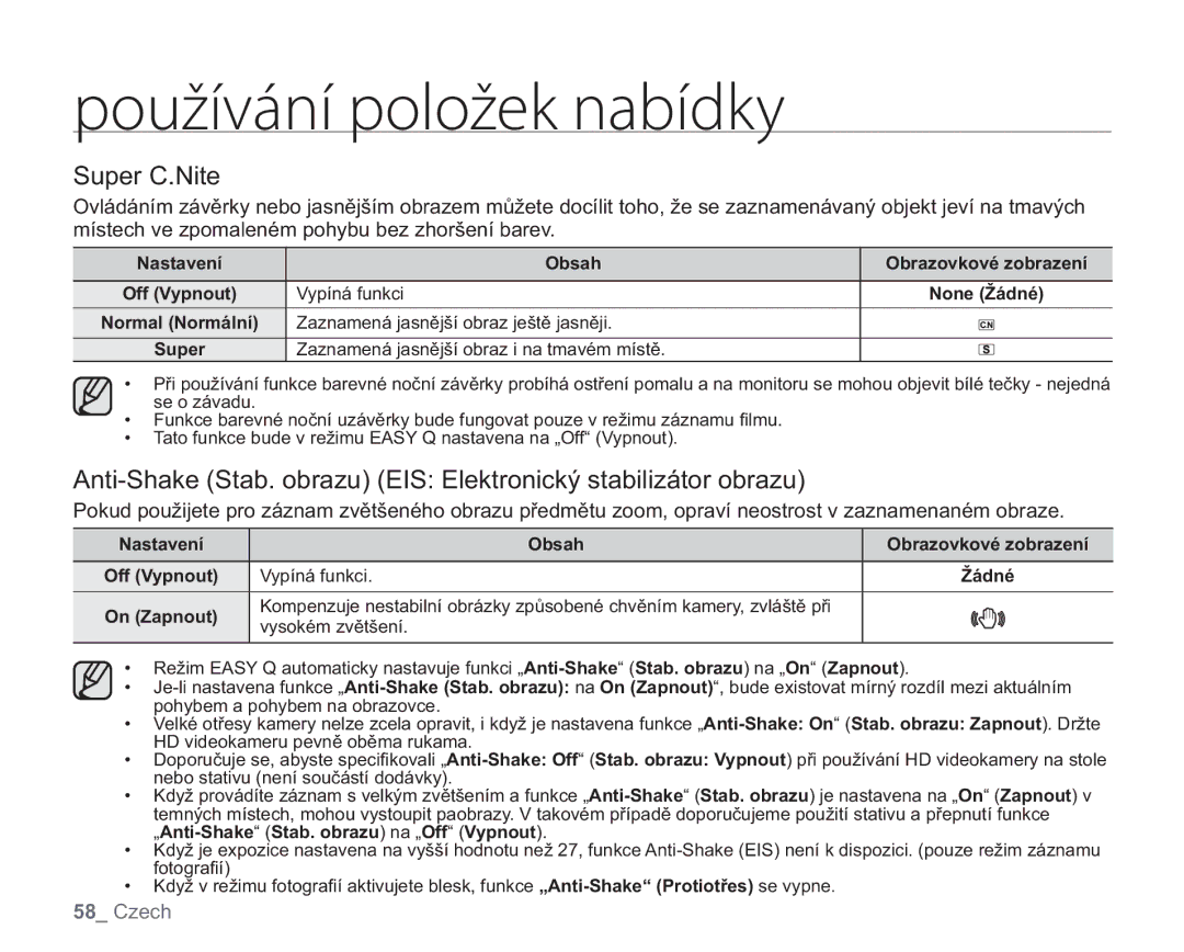 Samsung VP-HMX20C/EDC manual Super C.Nite, Nastavení Obsah Obrazovkové zobrazení, Zaznamená jasnější obraz ještě jasněji 