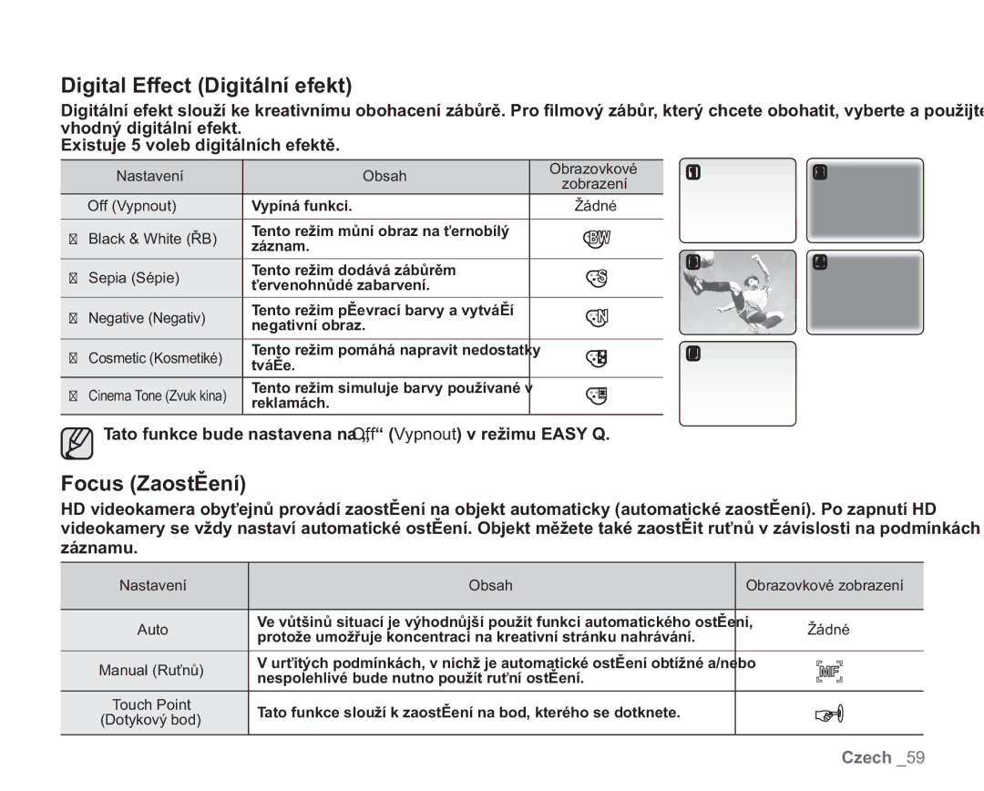 Samsung VP-HMX20C/XEU, VP-HMX20C/EDC manual Digital Effect Digitální efekt, Focus Zaostření 