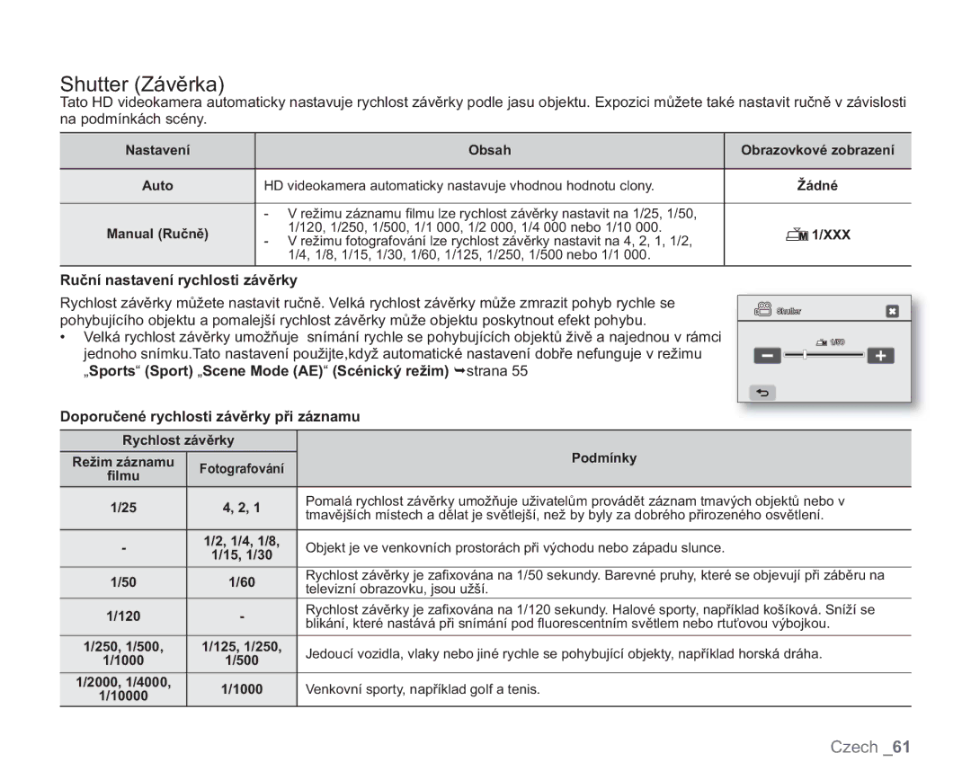 Samsung VP-HMX20C/XEU, VP-HMX20C/EDC manual Shutter Závěrka, Ruční nastavení rychlosti závěrky, Rychlost závěrky Podmínky 