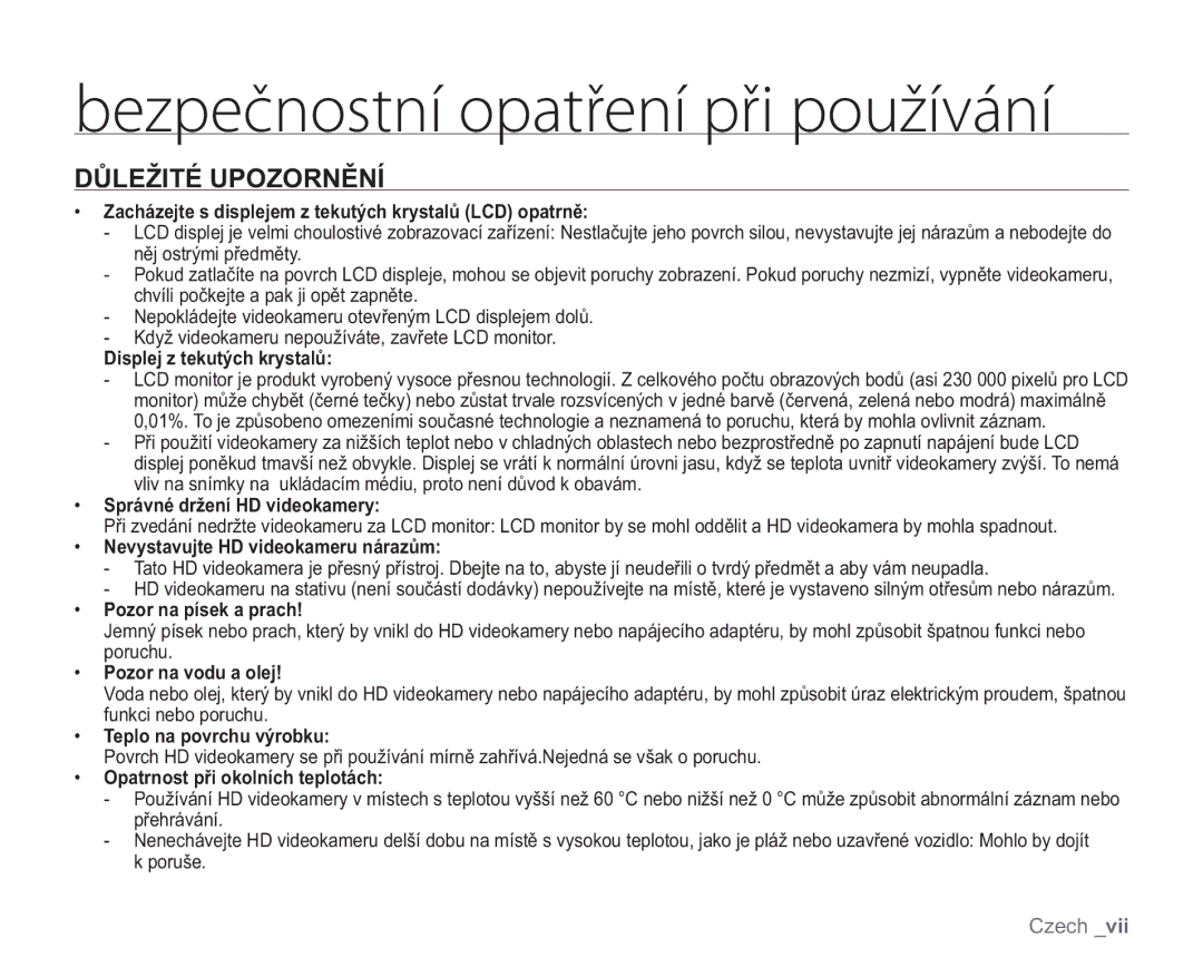 Samsung VP-HMX20C/XEU, VP-HMX20C/EDC manual CFQFŘOPTUOÓPQBUżFOÓQżJQPVäÓWÈOÓ, Důležité Upozornění 