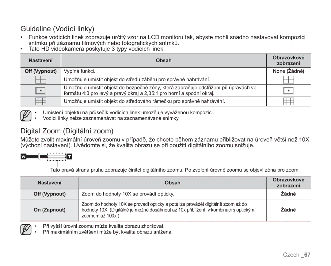 Samsung VP-HMX20C/XEU manual Guideline Vodící linky, Digital Zoom Digitální zoom, Zoom do hodnoty 10X se provádí opticky 