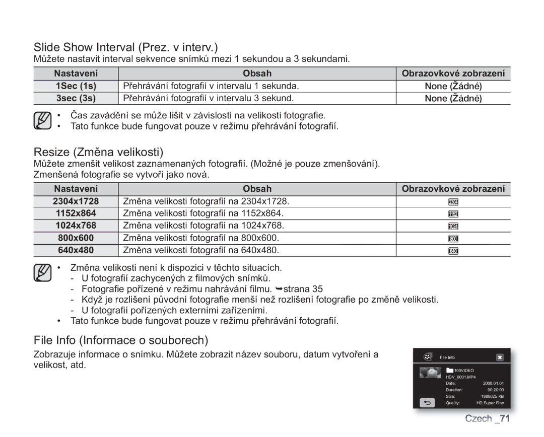 Samsung VP-HMX20C/XEU manual Slide Show Interval Prez. v interv, Resize Změna velikosti, File Info Informace o souborech 