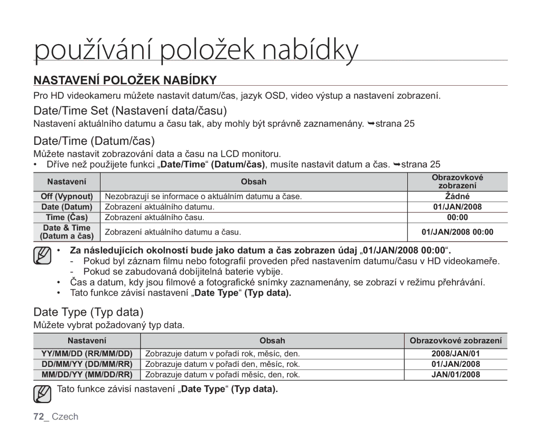 Samsung VP-HMX20C/EDC, VP-HMX20C/XEU Nastavení Položek Nabídky, Date/Time Set Nastavení data/času, Date/Time Datum/čas 